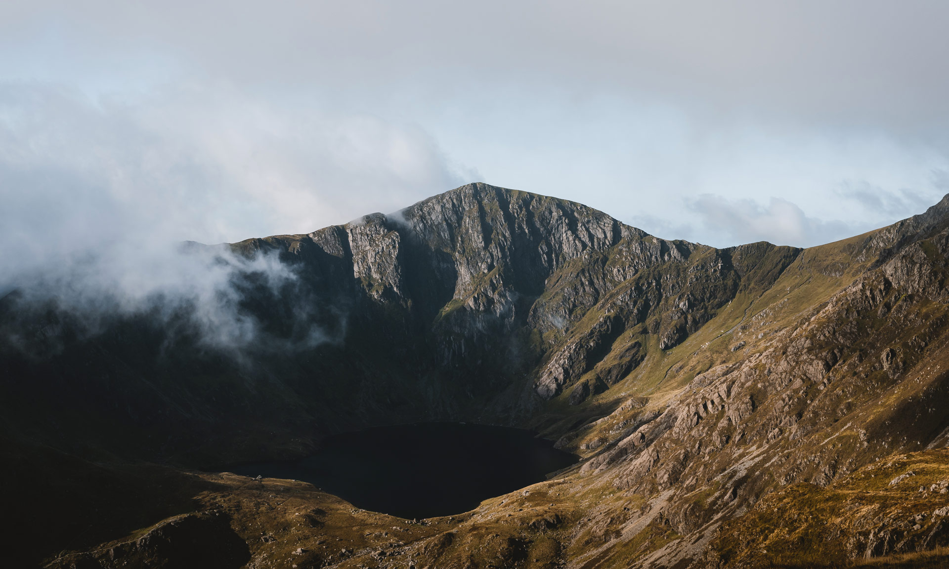 Cader Idris summit lurks in the mist - a bit of clouds in the sky