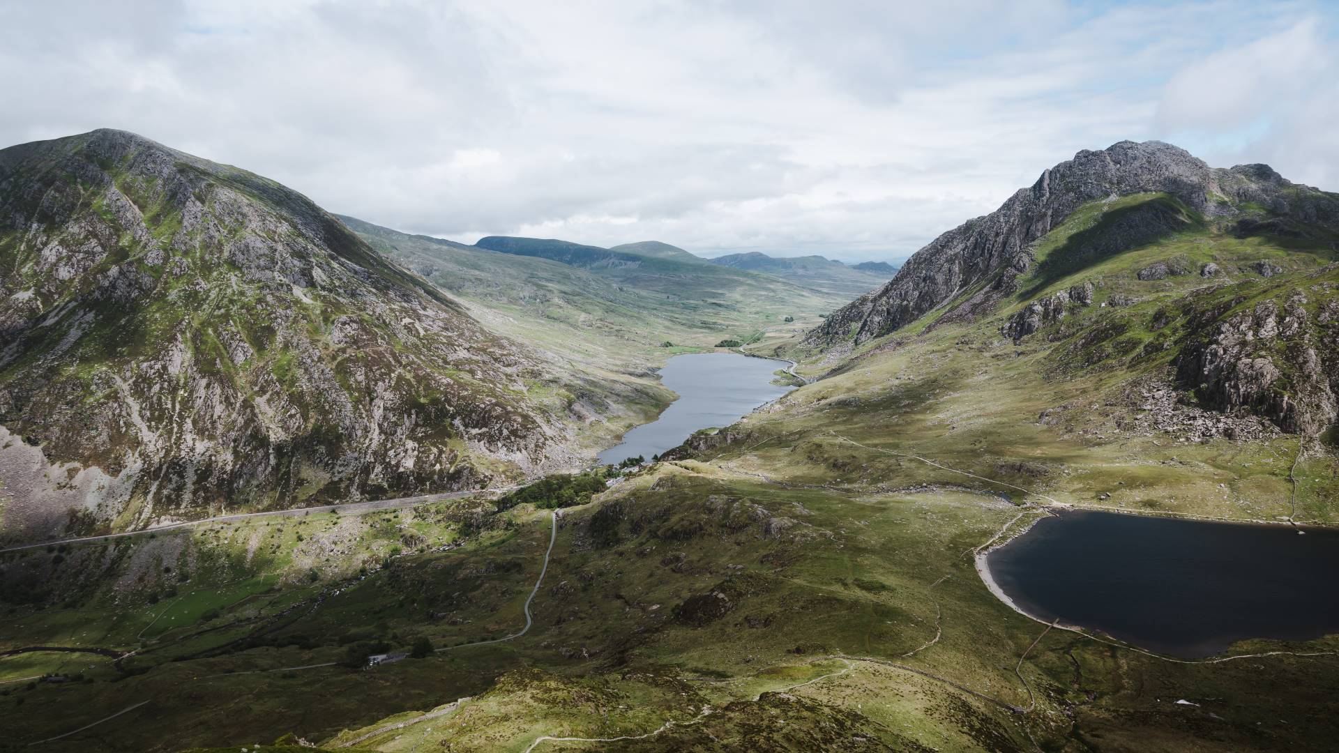 A view of the Ogwen valley with Cwm Idwal and Llyn Ogwen in the distance.